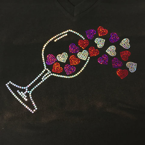 Spangled Spilling Hearts Valentine's Black V-neck T-shirt