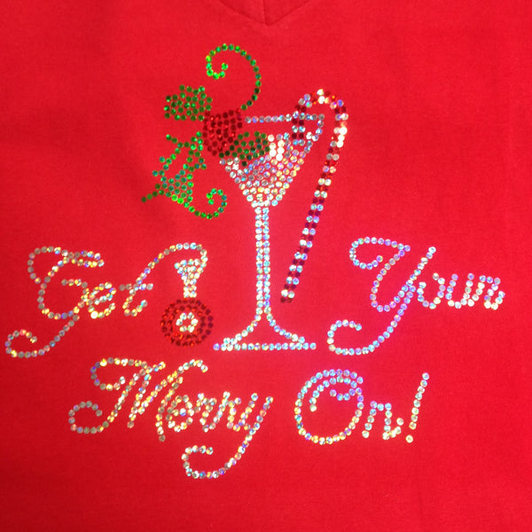 Get  Your Merry On Christmas V-neck T-shirt in Red or Black