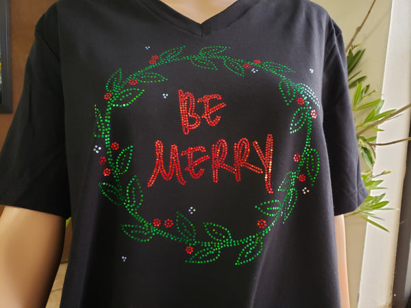 Be Merry Wreath Black V-neck T-shirt