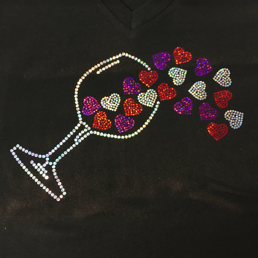 Spangled Spilling Hearts Valentine's Black V-neck T-shirt