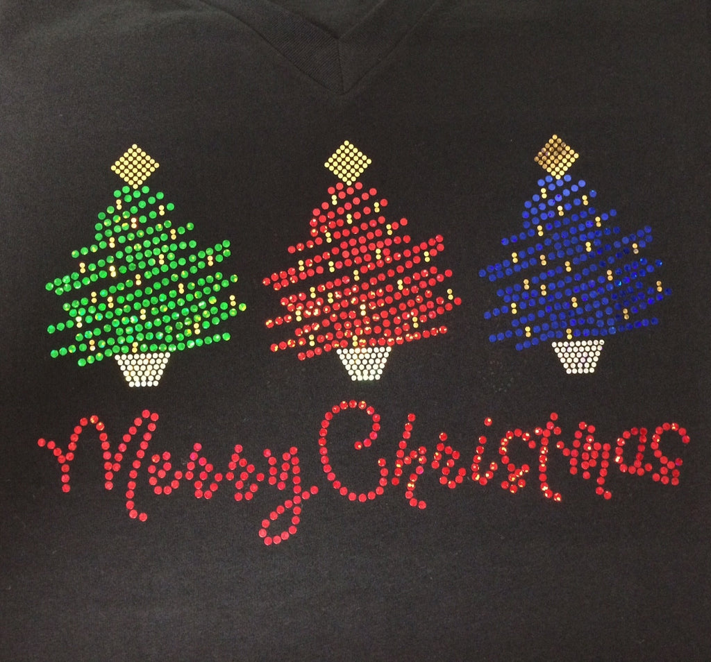 Merry Christmas Three Trees Black V-neck T-shirt